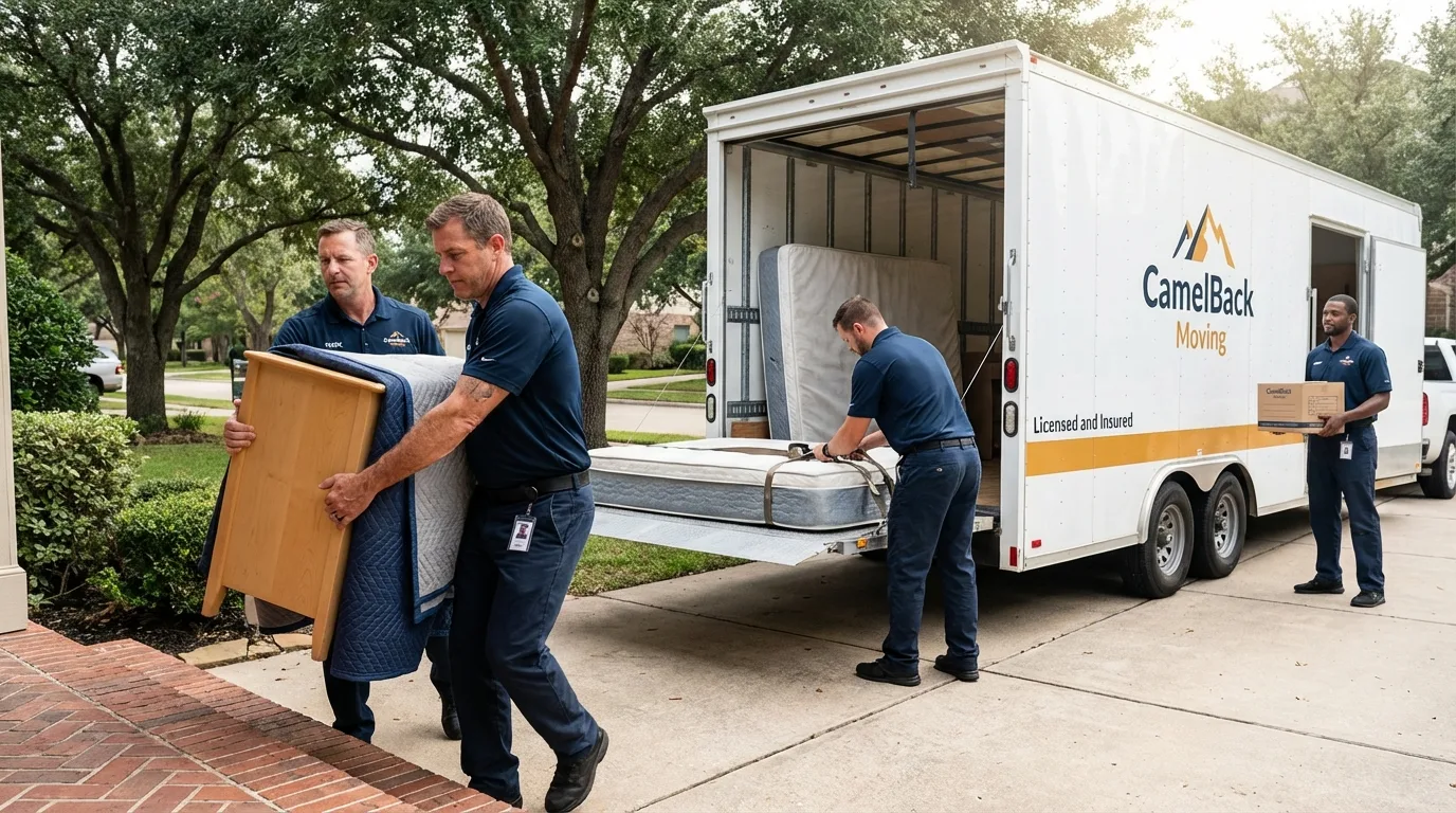 Crew loading residential truck for cross-state move from San Juan, TX
