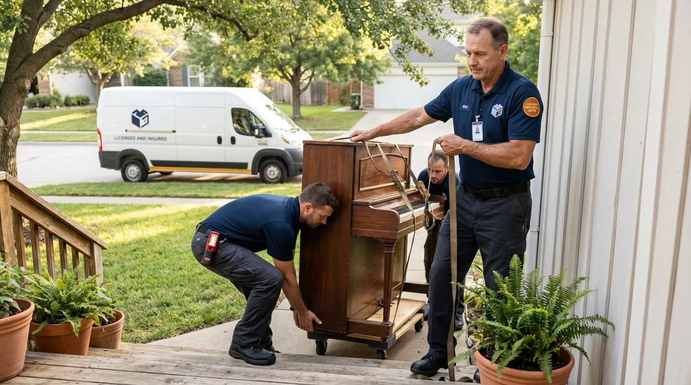 Licensed piano movers securing grand piano in San Juan, TX