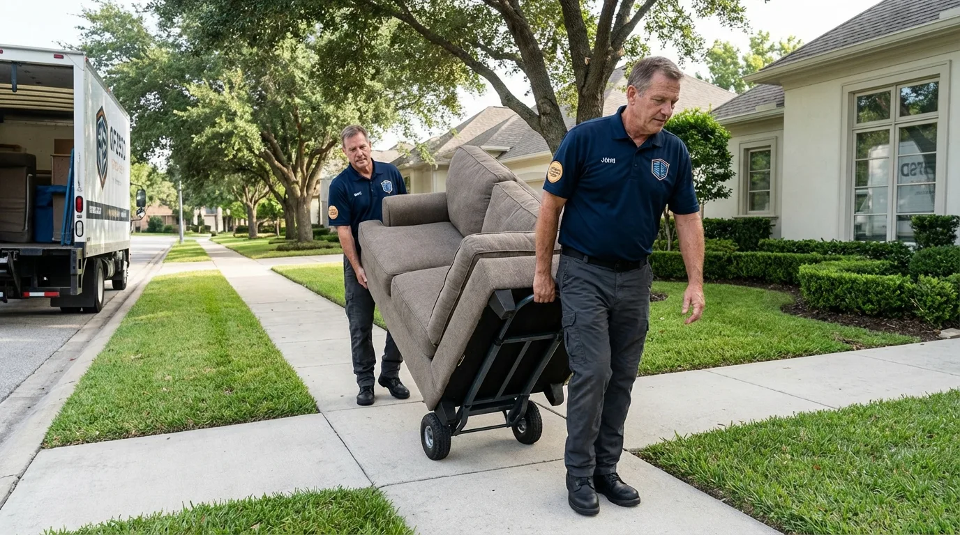 Local residential moving crew loading furniture in San Juan, TX