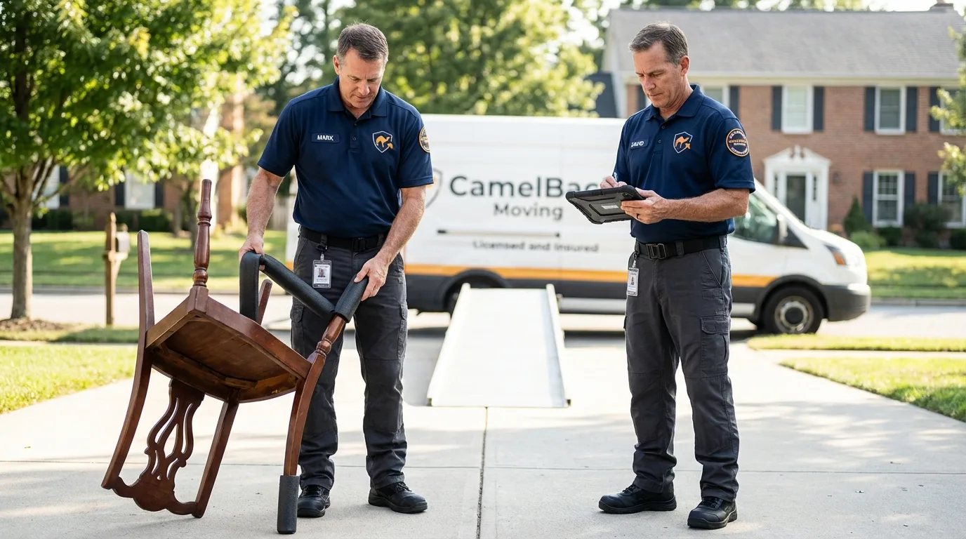 Movers inspecting furniture for damage prevention before loading in San Juan, TX