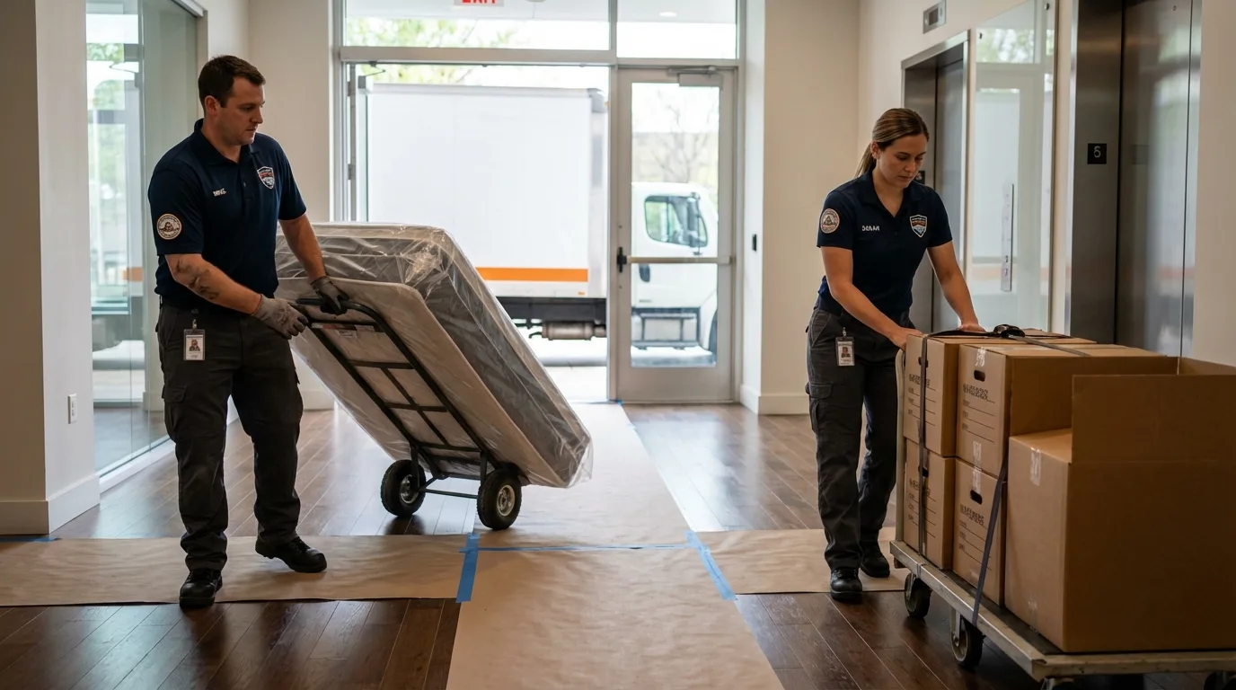 Professional apartment movers loading elevator in San Juan, TX
