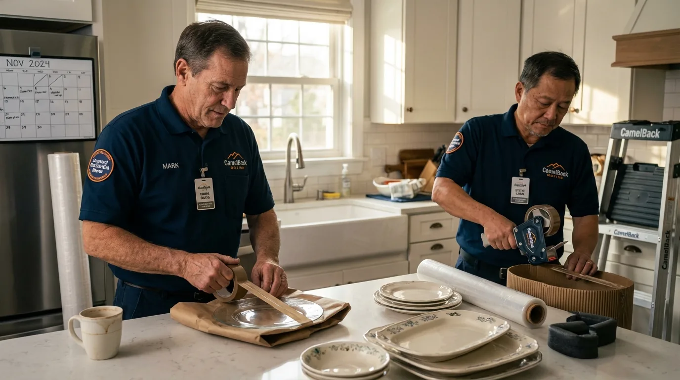 Professional crew packing kitchen dishware in San Juan, TX